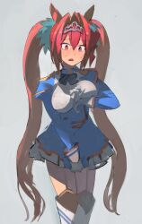 Rule 34 | 1girl, animal ears, black bow, black bowtie, black thighhighs, blue dress, boots, bow, bowtie, breasts, commentary request, cowboy shot, daiwa scarlet (umamusume), dress, frilled dress, frills, garter straps, gloves, grey background, hair intakes, horse ears, horse girl, large breasts, long hair, long sleeves, oteyawara-kani, red eyes, red hair, simple background, solo, thigh boots, thighhighs, twintails, umamusume, very long hair, white footwear, white gloves