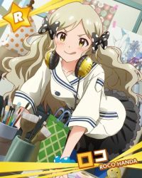 Rule 34 | &gt;:), 10s, 1girl, :q, bow, bracelet, character name, coat, green eyes, grey hair, hair bow, handa roco, headphones, headphones around neck, idolmaster, idolmaster million live!, jewelry, official art, pantyhose, tongue, tongue out, v-shaped eyebrows, yellow eyes