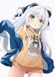 Rule 34 | 1girl, absurdres, ahoge, animal ears, arms up, blue jacket, blush, child, green eyes, highres, ikazu401, jacket, long hair, no pants, off shoulder, original, panda ears, print sweater, silver hair, sleeves past wrists, solo, sweater, two side up, yellow sweater