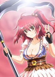 Rule 34 | 1girl, belt, black gloves, blush, breasts, cleavage, coin, collarbone, diesel-turbo, female focus, fingerless gloves, gloves, hair bobbles, hair ornament, large breasts, looking at viewer, onozuka komachi, puffy sleeves, red eyes, red hair, scythe, shirt, short sleeves, skirt, smile, solo, touhou, two side up, v