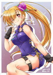 Rule 34 | 1girl, ahoge, black gloves, blonde hair, blue dress, china dress, chinese clothes, closed mouth, commentary, dated, dress, fingerless gloves, flower, gloves, grey background, hair flower, hair ornament, heart, heterochromia, highres, invisible chair, long hair, looking at viewer, lyrical nanoha, mahou shoujo lyrical nanoha vivid, one eye closed, outside border, purple flower, purple rose, red eyes, rose, san-pon, short dress, side-tie dress, side ponytail, silhouette, sitting, sleeveless, sleeveless dress, smile, solo, sparkle, thigh strap, twitter username, very long hair, vivio