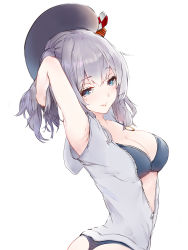Rule 34 | 10s, 1girl, absurdres, beret, bikini, black bikini, blue eyes, breasts, hat, highres, jacket, kantai collection, kashima (kancolle), large breasts, short hair, short sleeves, silver hair, simple background, smile, solo, swimsuit, takeichi yui, two side up, white background, white jacket, zipper