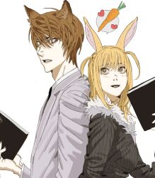 Rule 34 | 1boy, 1girl, amane misa, animal ears, back-to-back, blonde hair, blush, book, breasts, brown eyes, brown hair, carrot, cat boy, cat ears, collared shirt, death note, death note (object), fur-trimmed jacket, fur trim, furrowed brow, grey jacket, hair between eyes, half updo, holding, holding book, jacket, japtangtang2, kemonomimi mode, looking at another, medium breasts, medium hair, parted lips, pinstripe jacket, pinstripe pattern, rabbit ears, rabbit girl, shirt, short hair, short twintails, smile, spoken food, suit jacket, twintails, upper body, white background, white shirt, yagami light