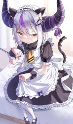 Rule 34 | 1girl, absurdres, ahoge, alternate costume, animal ear fluff, animal ears, apron, ascot, black dress, black footwear, blush, braid, cat ears, cat girl, cat tail, chain, commentary, demon girl, demon horns, dress, english commentary, enmaided, frilled apron, frilled dress, frills, full body, glint, grey hair, hair ornament, hairclip, highres, holding, hololive, horn ornament, horn ribbon, horns, la+ darknesss, lock, long hair, looking at viewer, maeru, maid, maid apron, maid headdress, multicolored hair, on bed, pantyhose, parted lips, pointy ears, purple hair, purple ribbon, ribbon, short sleeves, sidelocks, sitting, solo, streaked hair, striped horns, tail, virtual youtuber, white pantyhose, wrist cuffs, yellow ascot, yellow eyes