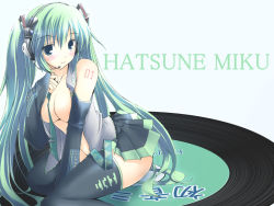 Rule 34 | 1girl, blush, boots, breasts, cleavage, clothes lift, detached sleeves, gisyo, green eyes, green hair, hatsune miku, large breasts, long hair, matching hair/eyes, open clothes, open shirt, shirt, skirt, skirt lift, solo, striped, thigh boots, thighhighs, twintails, very long hair, vocaloid, wallpaper