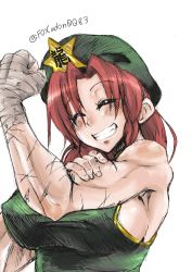 Rule 34 | 1girl, ^ ^, ^o^, adapted costume, artist name, bandaged hand, bandages, bare shoulders, beret, blush, breasts, clenched hand, closed eyes, covered erect nipples, eyebrows, fingernails, fox udon, green hat, grin, hand on own arm, hat, highres, holding own arm, hong meiling, large breasts, long hair, muscular, muscular female, parted bangs, ponytail, red hair, scar, sideboob, sleeveless, smile, solo, star (symbol), tank top, teeth, touhou, upper body