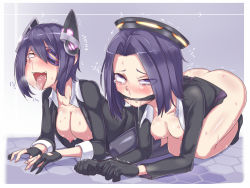 Rule 34 | 10s, 2girls, ahegao, blush, breasts, cleave gag, cloth gag, eyepatch, fingerless gloves, gag, gagged, gloves, hanging breasts, headgear, improvised gag, kantai collection, multiple girls, nipples, open mouth, puffy nipples, purple hair, saliva, school uniform, short hair, silver bell (artist), tatsuta (kancolle), tears, tenryuu (kancolle), tongue, tongue out, yellow eyes