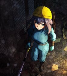 Rule 34 | 1girl, absurdres, black footwear, blue eyes, blue hair, blue jumpsuit, breasts, ddolbang, dirty, hard hat, helmet, highres, hololive, hololive english, jumpsuit, large breasts, ouro kronii, solo, virtual youtuber