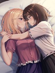 Rule 34 | 2girls, arm grab, bed, black skirt, blonde hair, brown eyes, brown hair, closed mouth, commentary request, eye contact, face-to-face, frilled shirt, frills, fumei (mugendai), hand on another&#039;s back, highres, looking at another, maribel hearn, medium hair, multiple girls, nervous smile, on bed, pink shirt, purple eyes, purple skirt, ribbon-trimmed shirt, shirt, skirt, smile, sweatdrop, touhou, usami renko, white shirt, yuri