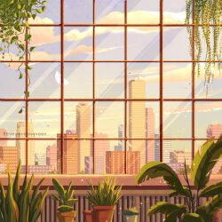 Rule 34 | artist name, building, city, cityscape, cloud, commentary, day, english commentary, evergreenqveen, flower pot, half moon, hanging plant, highres, indoors, moon, no humans, original, outdoors, plant, potted plant, scenery, sky, skyscraper, tree, twitter username, vines, window