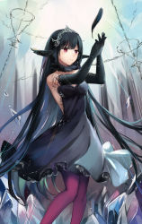 Rule 34 | 1girl, backless dress, backless outfit, black dress, black feathers, black gloves, black hair, collarbone, diadem, dress, elbow gloves, feathers, floating hair, gloves, highres, long hair, pantyhose, parted lips, red eyes, red pantyhose, shadowverse, short dress, sleeveless, sleeveless dress, solo, standing, straight hair, strapless, strapless dress, very long hair, yorktown cv-5