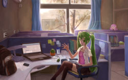 Rule 34 | 1girl, bad id, bad pixiv id, bespectacled, bracelet, chair, clock, computer, crossed legs, curtains, electrical outlet, glasses, green eyes, green hair, hatsune miku, jewelry, lamp, laptop, lens flare, long hair, matching hair/eyes, megurine luka, necklace, office, office chair, plant, sandro, sitting, skirt, solo, spark (sandro), swivel chair, takoluka, thighhighs, twintails, very long hair, vocaloid, waving, window