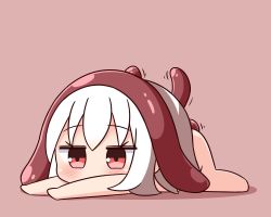 Rule 34 | 1girl, barefoot, blush, brown background, chibi, commentary request, hair between eyes, hana kazari, living clothes, long hair, lying, nude, on stomach, original, outstretched arms, red eyes, shadow, shokushu-chan, solo, tentacles, white hair