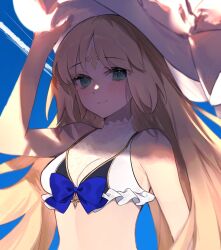 Rule 34 | 1girl, alternate costume, artoria caster (fate), artoria caster (third ascension) (fate), artoria pendragon (fate), bikini, blue sky, blush, breasts, cleavage, closed mouth, commentary request, facial mark, fate/grand order, fate (series), forehead mark, green eyes, hat, highres, long hair, looking at viewer, shadow, sky, small breasts, smile, solo, sun hat, swimsuit, uxco0, very long hair, white bikini, white hat