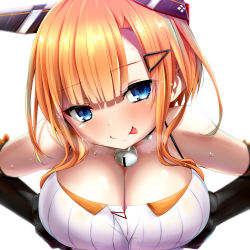 Rule 34 | 1girl, :p, azur lane, bare shoulders, bell, black gloves, blue eyes, blunt bangs, blush, breasts, breasts squeezed together, cleavage, collar, collarbone, dress, elbow gloves, foxhound (azur lane), foxhound (retrofit) (azur lane), gloves, hair ornament, hairclip, head tilt, headgear, heavy breathing, large breasts, looking at viewer, neck bell, orange hair, remodel (azur lane), short hair with long locks, sidelocks, simple background, smile, solo, sweat, sweatdrop, tongue, tongue out, upper body, watarui, white background