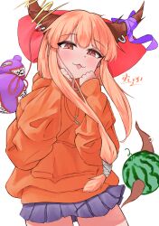 Rule 34 | 1girl, :3, absurdres, alternate costume, blonde hair, blunt bangs, blush, bow, brown horns, closed mouth, commentary request, contemporary, cowboy shot, drawstring, food, fruit, gourd, grey skirt, hair bow, hands up, highres, hood, hoodie, horn bow, horn ornament, horns, ibuki suika, long hair, looking at viewer, medium bangs, miniskirt, orange eyes, orange hoodie, pleated skirt, purple bow, red bow, sidelocks, simple background, skirt, sleeves past wrists, smile, solo, suwa (au swap), tongue, tongue out, touhou, watermelon, white background