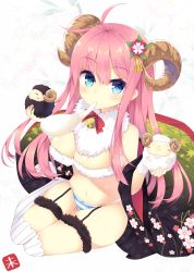 Rule 34 | 1girl, ahoge, bad id, bad pixiv id, bell, blue eyes, blush, breasts, chinese zodiac, cleavage, garter straps, highres, horns, large breasts, long hair, looking at viewer, new year, nibiiro shizuka, original, panties, pink hair, sheep, sheep horns, solo, striped clothes, striped panties, thighhighs, underwear, year of the goat