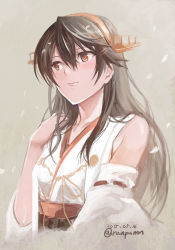 Rule 34 | 10s, 1girl, bare shoulders, black hair, blush, brown eyes, dated, detached sleeves, hair ornament, hairband, hairclip, haruna (kancolle), headgear, kantai collection, long hair, nontraditional miko, portrait, ribbon-trimmed sleeves, ribbon trim, smile, solo, tomozo kaoru, twitter username, upper body