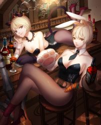 Rule 34 | 2girls, alcohol, animal ears, animal hands, animification, aoa (group), artist name, ass, bar (place), bar stool, bare arms, bare shoulders, battle bunny riven, belt, blonde hair, bob cut, bottle, breasts, brown eyes, brown legwear, carrot, cat ears, cat girl, cat tail, checkered floor, citemer, cleavage, cocktail, cocktail glass, collar, corset, cottontail teemo, counter, crossed legs, cup, detached collar, drawing (object), drink, drinking glass, fake animal ears, feet up, fnc entertainment, gloves, hennessy, high heels, highres, indoors, jack daniel&#039;s, kittysuit, large breasts, league of legends, leotard, liuruoyu8888, looking at viewer, lying, makeup, mascara, medium breasts, multiple girls, necktie, nontraditional playboy bunny, on stomach, pantyhose, park choa, parted lips, paw gloves, playboy bunny, rabbit ears, real life, red footwear, riot games, riven (league of legends), shoes, short hair, short necktie, single glove, sitting, smile, stool, strapless, strapless leotard, sword, tail, teemo, tile floor, tiles, tray, very short hair, weapon, whiskey, wine glass, wrist cuffs