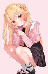 Rule 34 | 1girl, absurdres, black footwear, black skirt, blonde hair, blush, bow, closed mouth, commentary, double bun, hair bun, highres, jirai kei, little witch nobeta, long hair, long sleeves, looking at viewer, mary janes, nobeta, pan (pixiv41343614), pink shirt, pleated skirt, red eyes, shirt, shoes, skirt, smile, socks, solo, split mouth, squatting, very long hair, white socks