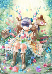Rule 34 | ambiguous gender, antlers, black hair, blue eyes, blunt bangs, boots, bottle, bug, butterfly, colored pencil, cross-laced footwear, deer, dress, flower, hairband, horns, insect, jar, lace-up boots, lace hairband, mushroom, origami, pencil, plant, rocking horse, scissors, shorts, striped clothes, striped shorts, stuffed animal, stuffed toy, sunlight, yaguchi minato