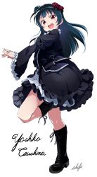 Rule 34 | 1girl, blue hair, blush, chuunibyou, full body, gothic lolita, highres, lolita fashion, long hair, looking at viewer, love live!, love live! school idol festival, love live! sunshine!!, open mouth, purple eyes, shift (waage), simple background, smile, solo, standing, standing on one leg, tsushima yoshiko, white background