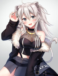 Rule 34 | 1girl, :d, absurdres, ahoge, animal ears, arm up, black jacket, black nails, black shirt, blush, breasts, claw pose, cleavage, commentary, cowboy shot, crop top, ear piercing, eyes visible through hair, fang, fur-trimmed jacket, fur trim, grey background, grey eyes, grey skirt, hair between eyes, highres, hololive, jacket, jewelry, large breasts, lion ears, lion girl, lion tail, long hair, long sleeves, looking at viewer, midriff, nail polish, navel, necklace, off shoulder, open clothes, open jacket, open mouth, piercing, see-through, see-through cleavage, shirt, shishiro botan, shishiro botan (1st costume), silver hair, simple background, skirt, sleeveless, sleeveless shirt, smile, solo, symbol-only commentary, tail, tail raised, umishima rinta, virtual youtuber