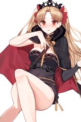 Rule 34 | 1girl, bare arms, bare legs, between breasts, black cape, blonde hair, blush, breasts, cape, commentary, convenient leg, crown, earrings, ereshkigal (fate), fate/grand order, fate (series), feet out of frame, hand on own chest, hona (pixiv7939518), invisible chair, jewelry, long hair, looking at viewer, medium breasts, parted bangs, parted lips, red cape, red eyes, simple background, single sleeve, sitting, solo, spine, tohsaka rin, two side up, white background