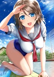 Rule 34 | 10s, 1girl, bad id, bad pixiv id, barefoot, blue eyes, blue one-piece swimsuit, blue sky, breasts, brown hair, cloud, competition swimsuit, day, hair ornament, looking at viewer, love live!, love live! sunshine!!, morizono shiki, one-piece swimsuit, open mouth, outdoors, partially submerged, pool, poolside, salute, school, short hair, sky, smile, solo, swimsuit, swimsuit under clothes, tree, watanabe you, water