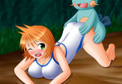 Rule 34 | 1girl, all fours, barefoot, blush, breasts, cleavage, covering privates, creatures (company), doggystyle, feet, game freak, gen 3 pokemon, green eyes, gym leader, kneeling, marshtomp, misty (pokemon), nintendo, one eye closed, orange hair, pokemon, pokemon (creature), sex, sex from behind, short hair, swimsuit, tears, top-down bottom-up, vaginal, wink