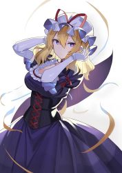 Rule 34 | 1girl, alternate hair length, alternate hairstyle, arm garter, arms up, blonde hair, breasts, bright pupils, choker, closed mouth, commentary, corset, cowboy shot, cross-laced clothes, dress, elbow gloves, falken (yutozin), frilled dress, frilled hat, frills, gap (touhou), gloves, hair between eyes, hat, hat ribbon, highres, large breasts, light blush, looking at viewer, medium hair, mob cap, puffy short sleeves, puffy sleeves, purple dress, purple eyes, red choker, red ribbon, ribbon, scoop neck, severed hair, short sleeves, sidelocks, simple background, sleeve ribbon, solo, touhou, white background, white gloves, white hat, white pupils, yakumo yukari