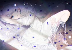 Rule 34 | 1girl, :o, amputee, arms up, blue eyes, choker, double amputee, dress, glass slipper, knees up, lace, lace-trimmed dress, lace choker, lace trim, light particles, long hair, long sleeves, looking at viewer, lying, mamyouda, on back, on floor, original, prosthesis, prosthetic leg, puffy long sleeves, puffy sleeves, see-through, see-through sleeves, silver hair, solo, stone floor, veil, very long hair, wavy hair, white dress