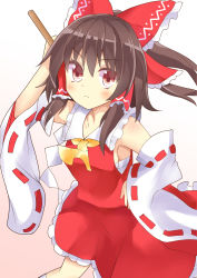 Rule 34 | 1girl, arm up, ascot, bandages, bare shoulders, blush, bow, breasts, brown eyes, brown hair, closed mouth, collar, collared dress, detached sleeves, dress, eyes visible through hair, frills, gohei, gradient background, hair between eyes, hair ornament, hair tubes, hakurei reimu, hand on own hip, hand up, keyaki chimaki, long sleeves, looking to the side, medium breasts, orange background, red bow, red dress, short hair, socks, solo, standing, touhou, white background, white sleeves, white socks, wide sleeves, yellow ascot