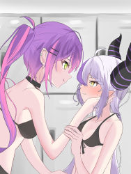 Rule 34 | 2girls, ahoge, bikini, black bikini, black choker, blush, breasts, choker, collarbone, commentary, demon horns, eye contact, face-to-face, from side, gabuchi, green eyes, hand on another&#039;s cheek, hand on another&#039;s face, highres, hololive, horns, la+ darknesss, long hair, looking at another, multicolored hair, multiple girls, multiple piercings, pink hair, profile, purple hair, small breasts, smile, streaked hair, sweat, swimsuit, tokoyami towa, tongue, tongue out, twintails, two-tone hair, upper body, virtual youtuber, white hair, yellow eyes, yuri