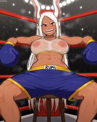 Rule 34 | 1girl, abs, afrobull, animal ear fluff, artist name, bare shoulders, blue gloves, blue shorts, blurry, blurry background, boku no hero academia, boxing gloves, boxing ring, breasts, character name, covered erect nipples, dark-skinned female, dark skin, eyelashes, feet out of frame, foreshortening, gloves, half-closed eye, highres, large areolae, large breasts, long hair, looking at viewer, mirko, nipples, on stool, open mouth, pants, red eyes, shorts, sitting, smug, sports bra, spread legs, steaming body, stool, sweat, toned, v-shaped eyebrows, very long hair, white hair, white sports bra