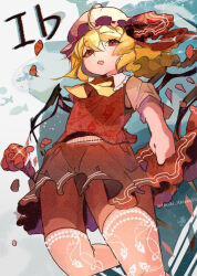 Rule 34 | 1girl, ahoge, ascot, blonde hair, blush, crystal wings, dress, flandre scarlet, frills, from below, hat, highres, medium hair, mob cap, open mouth, petals, red eyes, red ribbon, ribbon, rose petals, side ponytail, solo, thighhighs, touhou, user dhut7343, wings, yellow ascot