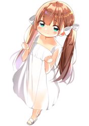 Rule 34 | 1girl, bare arms, bare shoulders, blue eyes, blush, bow, brown hair, closed mouth, collarbone, commentary request, dress, full body, hair between eyes, hair bow, hands up, highres, looking at viewer, najimi (track saba), original, sandals, see-through silhouette, simple background, sleeveless, sleeveless dress, smile, solo, standing, sundress, twintails, white background, white bow, white dress, white footwear