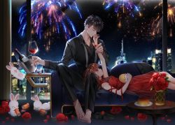 Rule 34 | 1boy, 1girl, alcohol, arm up, bad id, bad pixiv id, barefoot, black hair, black pants, black shirt, black vest, brown hair, bucket, rabbit, cityscape, couch, cup, dessert, dress, drinking glass, fireworks, flower, food, grey neckwear, hetero, holding own arm, iji (u mayday), indoors, li zeyan, looking at another, love and producer, lying, necktie, night, on back, pants, protagonist (love and producer), red dress, rose, shirt, shoes, unworn shoes, smelling, table, vase, vest, window, wine, wine glass