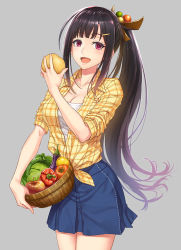 Rule 34 | 1girl, :d, apple, basket, bell pepper, black hair, breasts, cabbage, cleavage, eggplant, food, fruit, gamerag, hair ornament, hairclip, highres, long hair, looking at viewer, open mouth, original, pepper, ponytail, purple eyes, shirt, skirt, smile, solo, tied shirt, tomato, very long hair, zhen lu