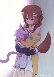 Rule 34 | 2girls, :3, absurdres, aged down, animal collar, animal ears, between breasts, blue bow, blush, bone hair ornament, bow, braid, breasts, brown hair, cat ears, cat tail, cleavage, coat, collar, dog ears, dog tail, eye contact, grey shorts, hair ornament, hairband, hairclip, head between breasts, heart, heart-shaped pupils, height difference, highres, hololive, inugami korone, inugami korone (1st costume), long sleeves, looking at another, mountain han, multiple girls, nekomata okayu, nekomata okayu (casual), nervous sweating, off shoulder, red bow, school uniform, serafuku, short hair, short shorts, shorts, signature, smile, standing, sweat, symbol-shaped pupils, tail, twin braids, virtual youtuber, yellow coat, yellow eyes, yuri