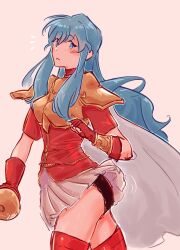 Rule 34 | 1girl, black panties, blue eyes, blue hair, blush, boots, cape, commentary, eirika (fire emblem), english commentary, fingerless gloves, fire emblem, fire emblem: the sacred stones, gloves, hair behind ear, herdwicoco, highres, holding, holding sword, holding weapon, long hair, looking back, nintendo, notice lines, panties, pantyshot, pink background, pleated skirt, rapier, red footwear, red gloves, red shirt, shirt, sidelocks, skirt, solo, sword, thigh boots, underwear, very long hair, weapon, white cape