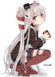 Rule 34 | 10s, 1girl, amatsukaze (kancolle), artist name, blush, brown dress, brown eyes, can, choker, closed mouth, dress, drink can, from side, full body, garter straps, hat, headband, holding, holding can, kantai collection, long hair, long sleeves, looking at viewer, red thighhighs, rudder footwear, sailor dress, shadow, shijima (sjmr02), shoes, silver hair, simple background, smokestack, soda can, solo, squatting, striped clothes, striped thighhighs, thighhighs, twintails, twitter username, two side up, very long hair, white background