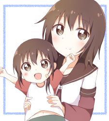 Rule 34 | &gt;:d, 2girls, :d, age difference, arms up, bandages, bandage on face, brown eyes, brown hair, child, clenched hands, collarbone, commentary request, funami yui, highres, holding, looking at viewer, medium hair, mesushio, multiple girls, nanamori school uniform, navel, open mouth, raglan sleeves, school uniform, serafuku, shirt, simple background, smile, t-shirt, time paradox, v-shaped eyebrows, aged down, yuru yuri