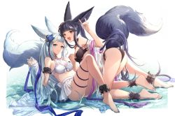 Rule 34 | 2girls, :d, animal ears, ass, bare shoulders, barefoot, bell, bikini, black hair, blue eyes, blush, breasts, erune, fang, feb itk, fox ears, fox tail, full body, granblue fantasy, hair bell, hair ornament, holding hands, jingle bell, large breasts, long hair, looking at viewer, multiple girls, open mouth, red eyes, silver hair, smile, societte (granblue fantasy), swimsuit, tail, thighs, very long hair, wet, yuel (granblue fantasy)