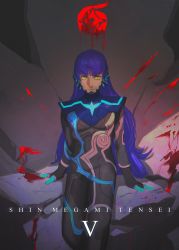 Rule 34 | 1boy, absurdres, androgynous, armor, bodysuit, collarbone, eyelashes, highres, long hair, looking at viewer, male focus, philipposole, protagonist (smtv), purple hair, shin megami tensei, shin megami tensei v, simple background, solo, very long hair, yellow eyes