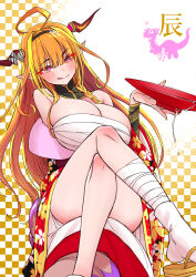 Rule 34 | 1girl, ahoge, bandaged leg, bandages, black hairband, blonde hair, breasts, chest sarashi, commentary, crossed legs, cup, detached collar, dragon girl, dragon horns, dragon tail, eyes visible through hair, hairband, hashtag-only commentary, highres, hololive, horns, huge breasts, japanese clothes, kimono, kiryu coco, multicolored hair, off shoulder, orange hair, pointy ears, purple eyes, sabaku chitai, sakazuki, sandals, sarashi, short kimono, sitting on own tail, smile, socks, solo, streaked hair, tail, tongue, tongue out, two-tone hair, virtual youtuber, white socks