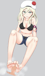 Rule 34 | 1girl, barefoot, beret, blonde hair, blush, bra, feet, footjob, green eyes, hat, highres, kantai collection, long hair, looking at viewer, mole, open clothes, open shorts, richelieu (kancolle), shorts, smile, soles, steam, toes, underwear