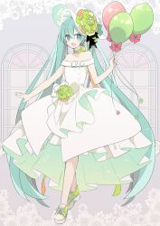 Rule 34 | 1girl, aqua eyes, aqua hair, aqua nails, balloon, birthday, commentary, dress, dress flower, floral background, flower, full body, green flower, hand up, hat, hat flower, hatsune miku, highres, holding, holding balloon, large hat, long hair, looking at viewer, nail polish, neck ribbon, open mouth, ribbon, shoes, sleeveless, sleeveless dress, smile, sneakers, solo, standing, strapless, strapless dress, twintails, very long hair, vocaloid, white dress, white flower, white hat, window, yoshiki