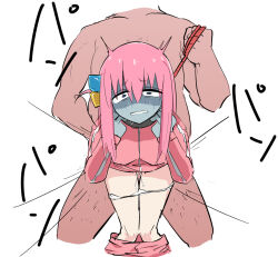 Rule 34 | 1boy, 1girl, asphyxiation, blue eyes, bocchi the rock!, clothed female nude male, clothes pull, constricted pupils, cube hair ornament, doggystyle, gotoh hitori, hair ornament, head out of frame, long hair, nude, panties, pants, pants pull, panty pull, pink hair, sex, sex from behind, shaded face, shino (yaruki nai yatsu), standing, standing sex, strangling, sweat, track suit, underwear, white background, white panties