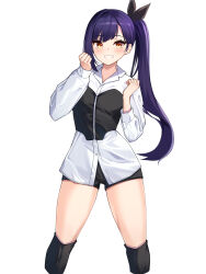 Rule 34 | 1girl, absurdres, black shorts, black socks, bodice, collared shirt, cropped legs, dress shirt, grin, hair ribbon, hands up, highres, lilpa, long hair, long sleeves, looking at viewer, over-kneehighs, purple hair, ribbon, shirt, short shorts, shorts, side ponytail, simple background, smile, socks, solo, thighhighs, thighs, virtual youtuber, waktaverse, white background, white shirt, yellow eyes, ziro (zirorong)